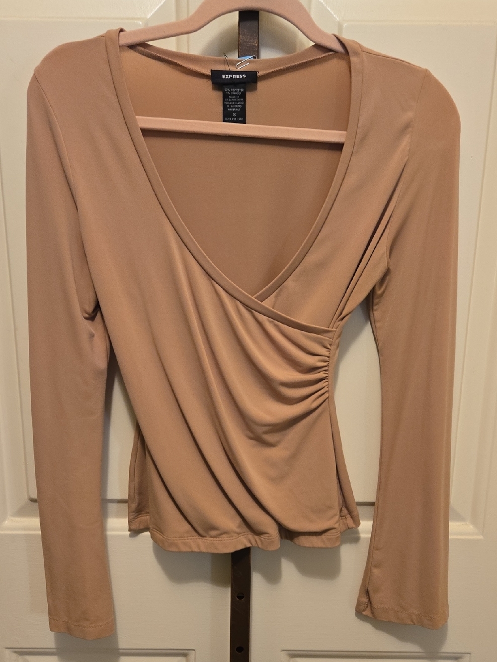 Express Women's Wrap-Front Long Sleeve Top in Tan